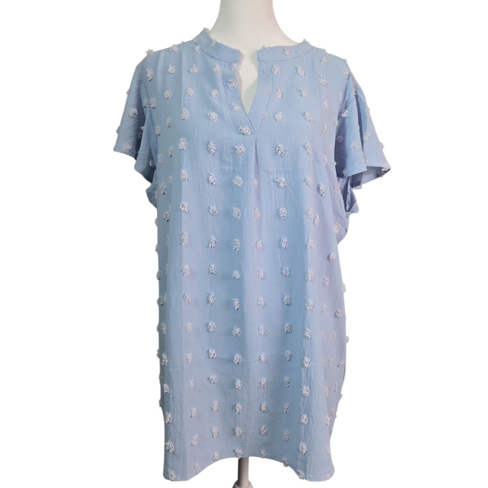 Merokeety Light Blue Swiss Dot Short Sleeve V Neck Long Tunic Blouse Women's XL
